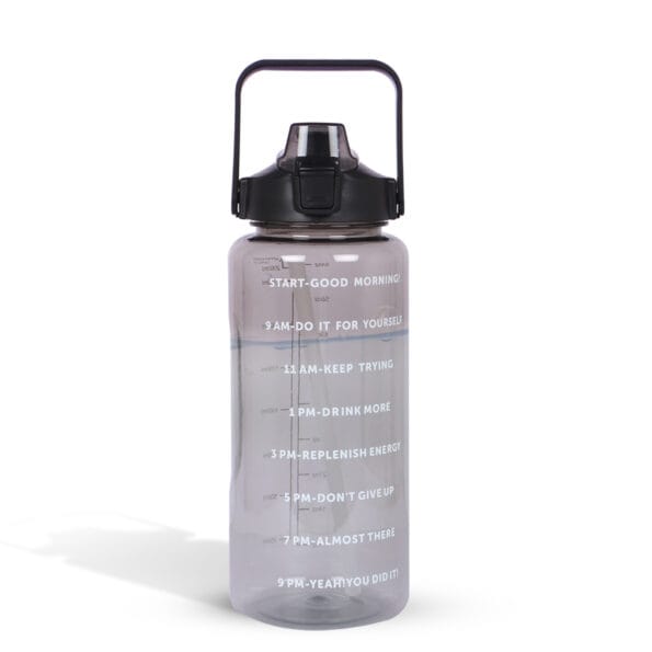 Front view of 2-liter black transparent motivational water bottle with time markers and sipper lid