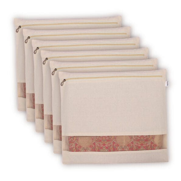 Set of six cotton saree storage bags with zippered closures, displayed to show size and design