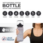 Front view of 2-liter black transparent motivational water bottle with time markers and sipper lid
