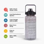 Front view of 2-liter black transparent motivational water bottle with time markers and sipper lid